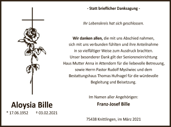 Traueranzeige von Aloysia Bille von WA