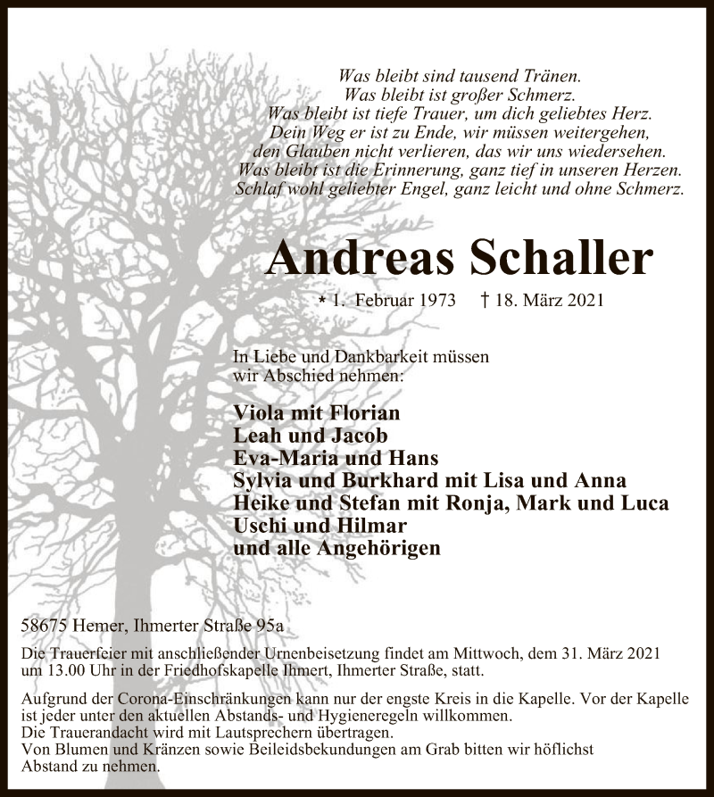  Traueranzeige für Andreas Schaller vom 24.03.2021 aus WA
