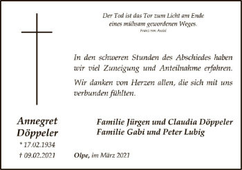 Traueranzeige von Annegret Döppeler von WA