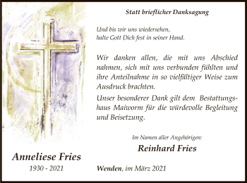 Traueranzeige von Anneliese Fries von WA