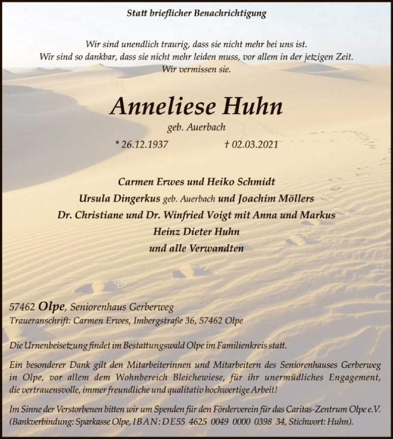  Traueranzeige für Anneliese Huhn vom 06.03.2021 aus WA