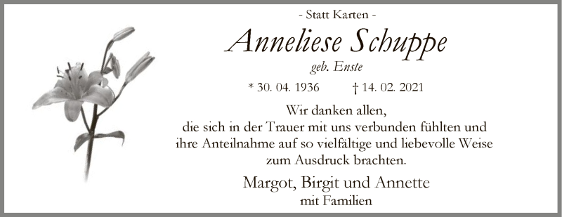  Traueranzeige für Anneliese Schuppe vom 20.03.2021 aus WA