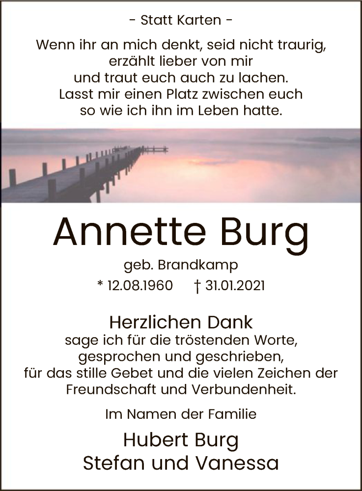  Traueranzeige für Annette Burg vom 27.03.2021 aus WA