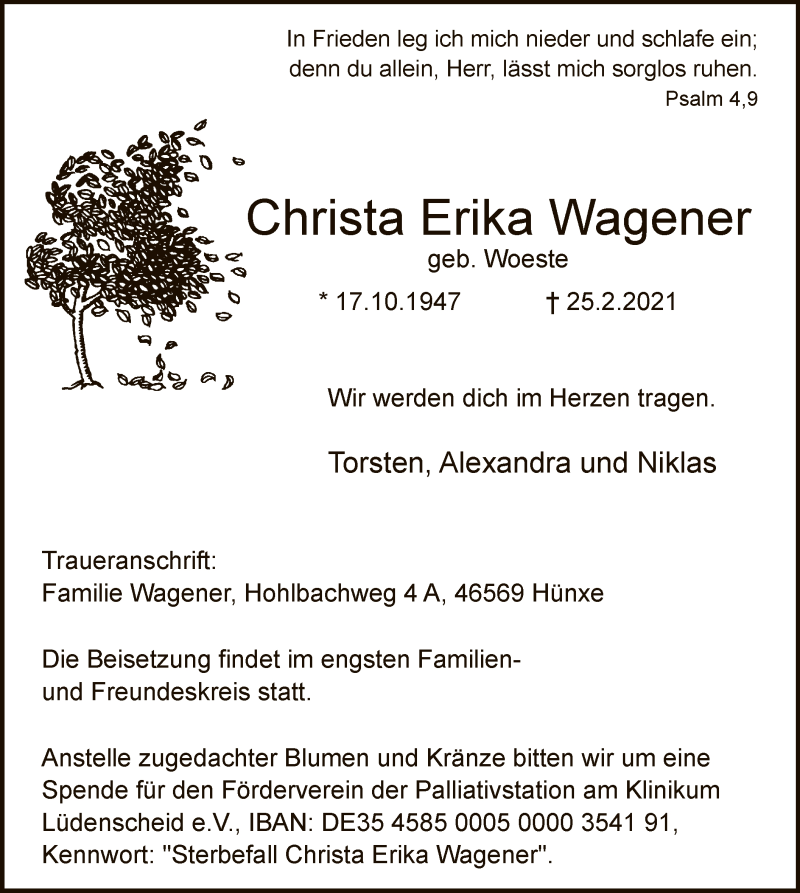  Traueranzeige für Christa Erika Wagener vom 06.03.2021 aus WA