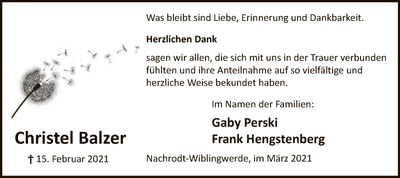  Traueranzeige für Christel Balzer vom 20.03.2021 aus WA
