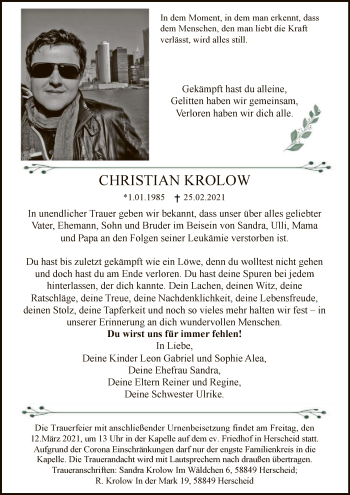 Traueranzeige von Christian Krolow von WA