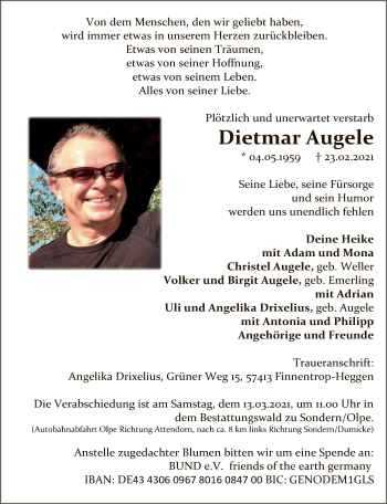 Traueranzeige von Dietmar Augele von WA