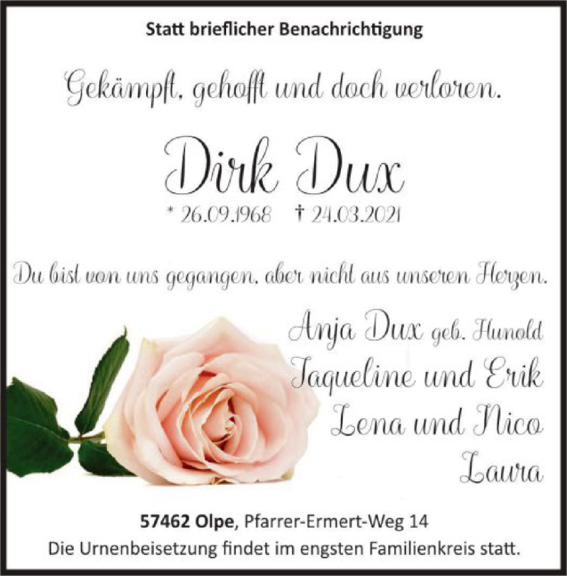  Traueranzeige für Dirk Dux vom 27.03.2021 aus WA