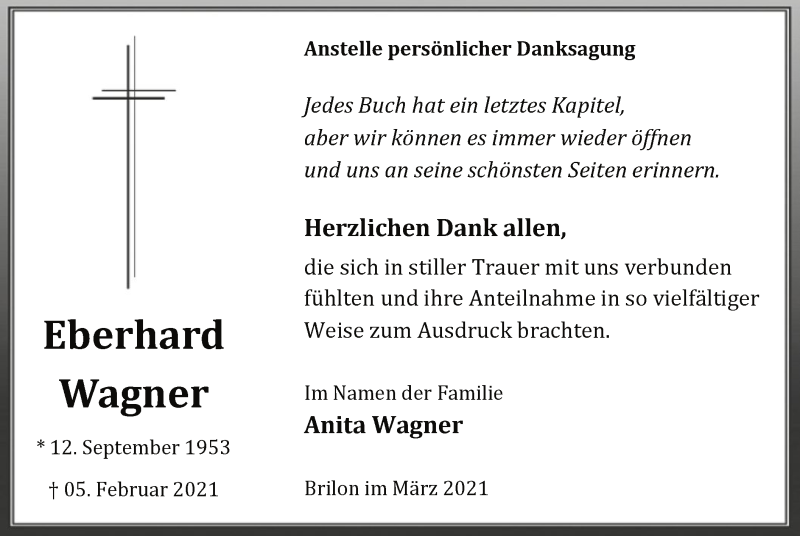  Traueranzeige für Eberhard WWagner vom 06.03.2021 aus WA