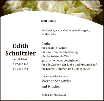 Traueranzeige von Edith Schnitzler von WA