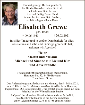 Traueranzeige von Elisabeth Grewe von WA