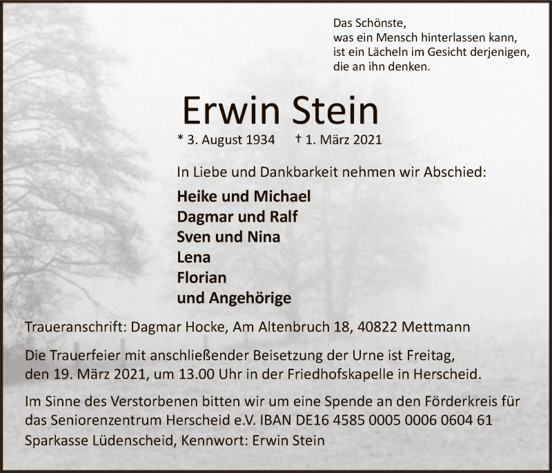  Traueranzeige für Erwin Stein vom 06.03.2021 aus WA