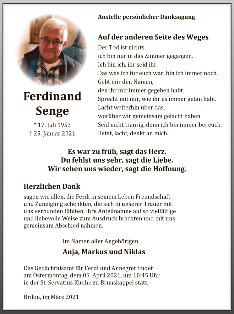  Traueranzeige für Ferdinand Senge vom 27.03.2021 aus WA