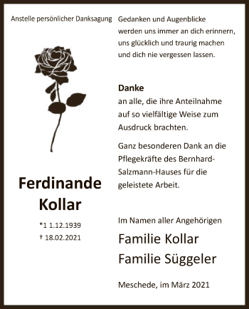 Traueranzeige von Ferdinande Kollar von WA
