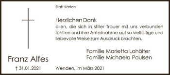 Traueranzeige von Franz Alfes von WA