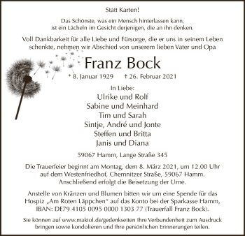 Traueranzeige von Franz Bock von WA
