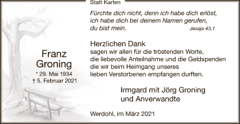 Traueranzeige von Franz Groning von WA