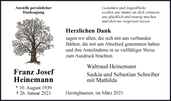 Traueranzeige von Franz Josef Heinemann von WA