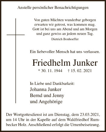 Traueranzeige von Friedhelm Junker von WA