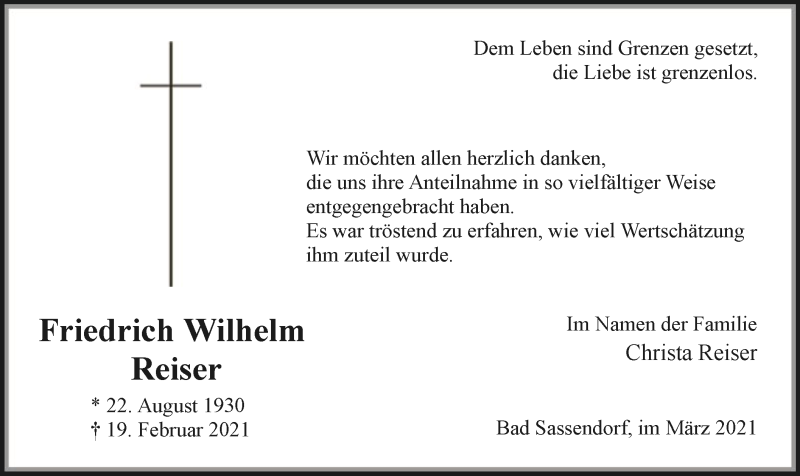  Traueranzeige für Friedrich Wilhelm Reiser vom 20.03.2021 aus WA