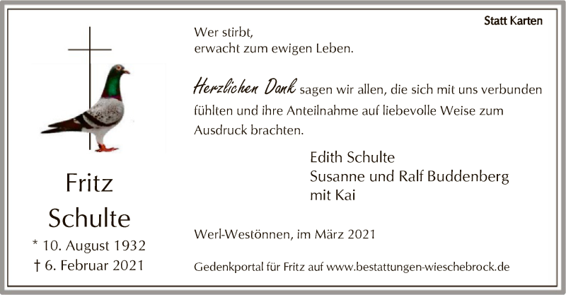  Traueranzeige für Fritz Schulte vom 13.03.2021 aus WA
