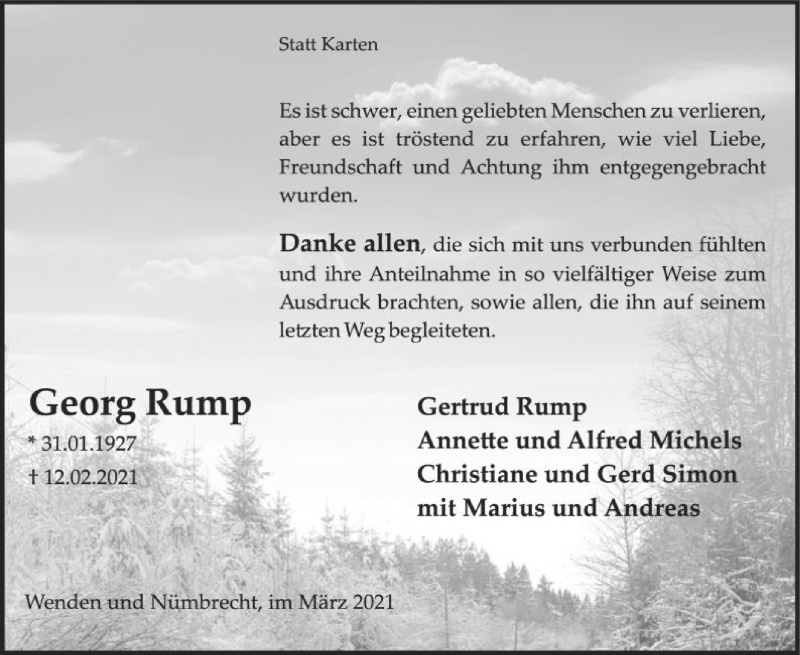  Traueranzeige für Georg Rump vom 20.03.2021 aus WA
