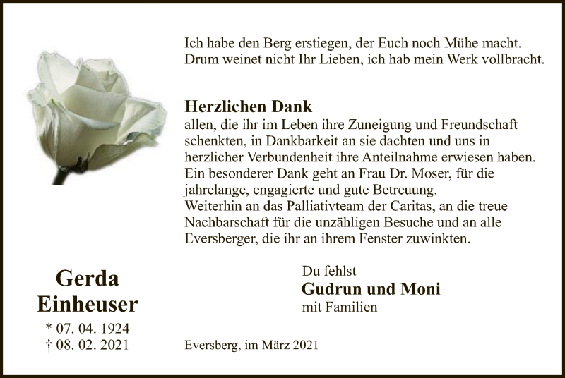  Traueranzeige für Gerda Einheuser vom 20.03.2021 aus WA