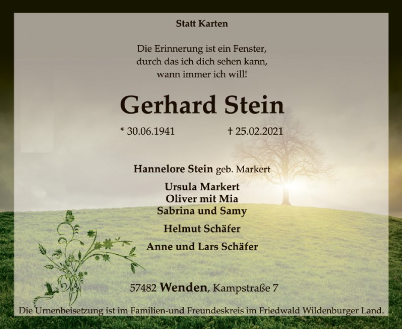  Traueranzeige für Gerhard Stein vom 06.03.2021 aus WA