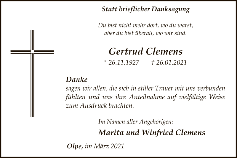  Traueranzeige für Gertrud Clemens vom 06.03.2021 aus WA