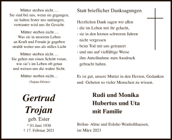 Traueranzeige von Gertrud Trojan von WA