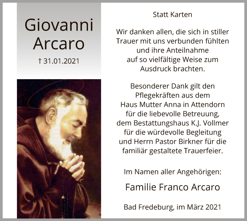  Traueranzeige für Giovanni Arcaro vom 13.03.2021 aus WA