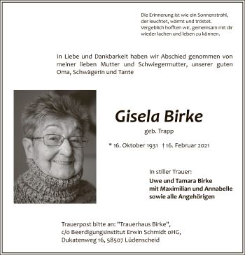 Traueranzeige von Gisela Birke von WA