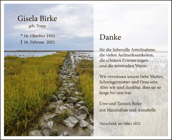Traueranzeige von Gisela Birke von WA
