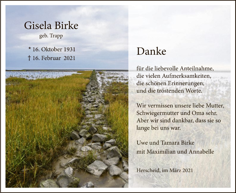  Traueranzeige für Gisela Birke vom 30.03.2021 aus WA