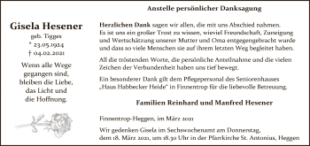 Traueranzeige von Gisela Hesener von WA