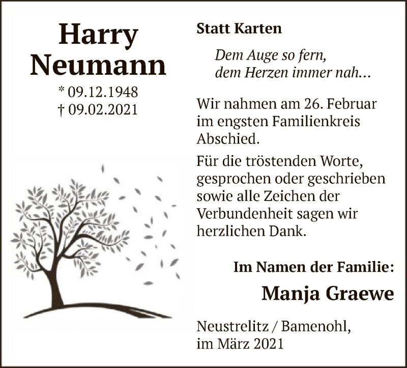  Traueranzeige für Harry Neumann vom 06.03.2021 aus WA