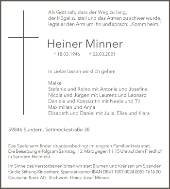 Traueranzeige von Heiner Minner von WA