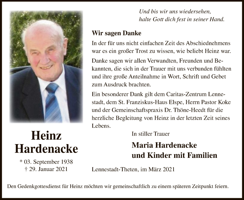  Traueranzeige für Heinz Hardenacke vom 20.03.2021 aus WA