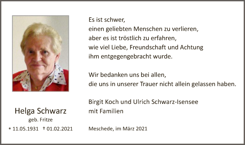  Traueranzeige für Helga Schwarz vom 27.03.2021 aus WA