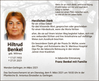 Traueranzeige von Hiltrud Benkel von WA