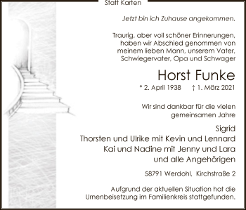 Traueranzeige von Horst Funke von WA