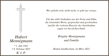 Traueranzeige von Hubert Mennigmann von WA