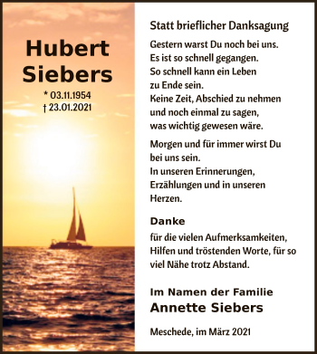 Traueranzeige von Hubert Siebers von WA