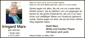 Traueranzeige von Irmgard Marx von WA
