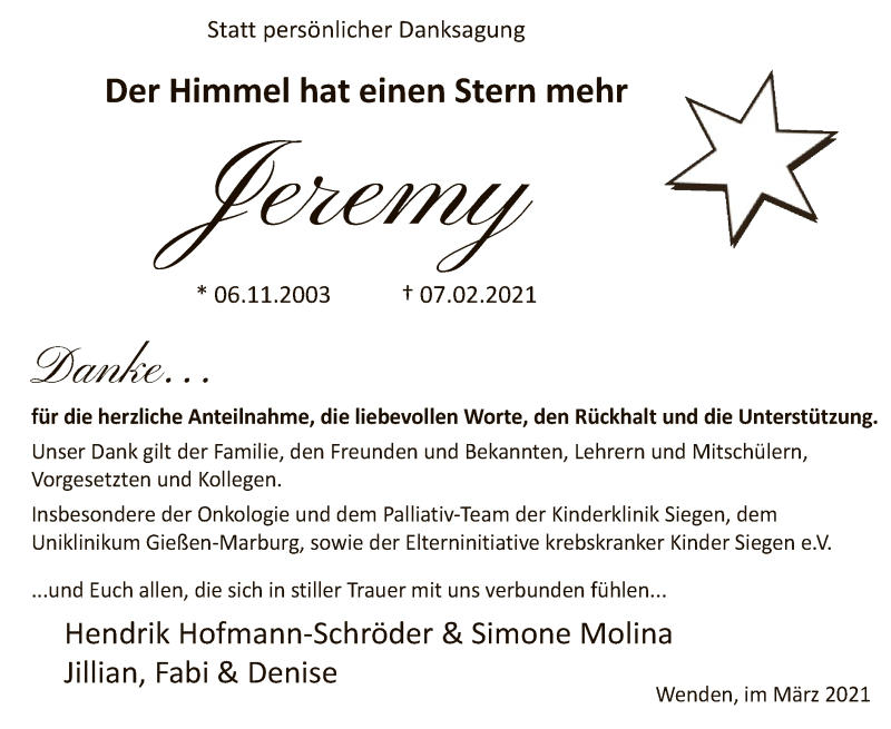  Traueranzeige für Jeremy  vom 13.03.2021 aus WA