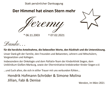 Traueranzeige von Jeremy  von WA