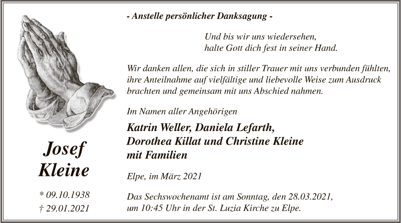  Traueranzeige für Josef Kleine vom 20.03.2021 aus WA