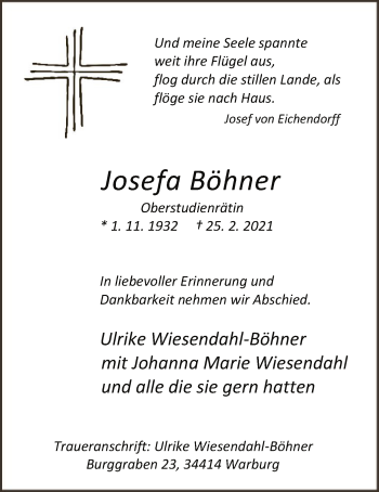 Traueranzeige von Josefa Böhner von WA