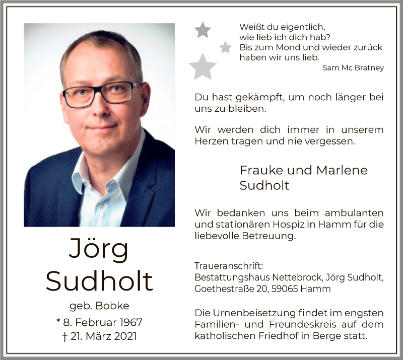  Traueranzeige für Jörg Sudholt vom 27.03.2021 aus WA