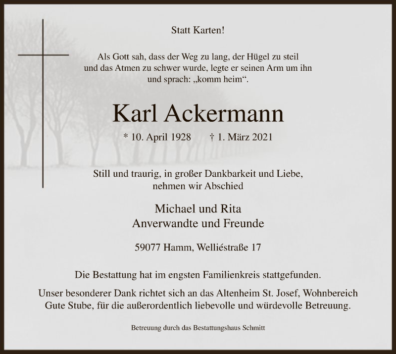  Traueranzeige für Karl Ackermann vom 17.03.2021 aus WA